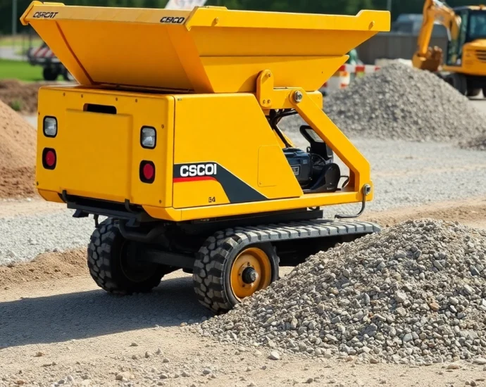 Dumper rental service showcasing a worker operating a mini dumper on rugged construction terrain for efficient material transport.