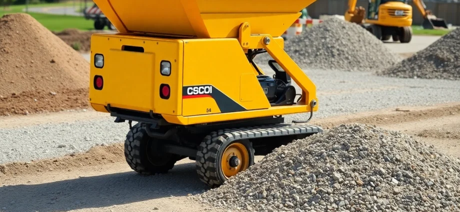 Dumper rental service showcasing a worker operating a mini dumper on rugged construction terrain for efficient material transport.