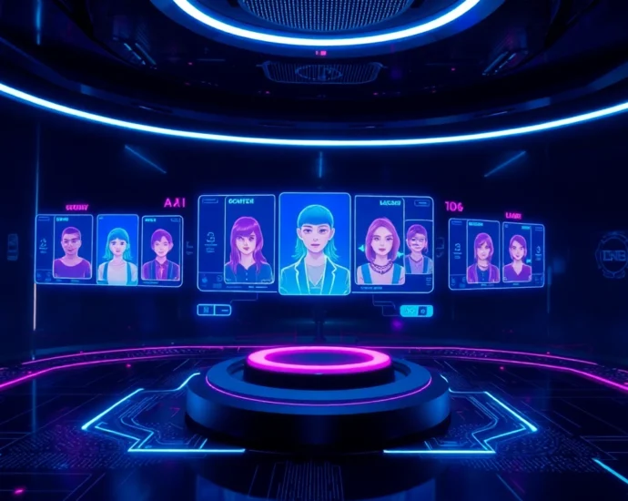 Futuristic AI interface with holographic characters and glowing digital displays in a dark environment.