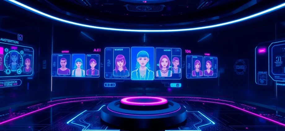 Futuristic AI interface with holographic characters and glowing digital displays in a dark environment.