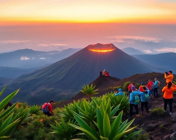 Hikers preparing for a trek on Mount Rinjani at sunrise with lush greenery and mountain in the background.