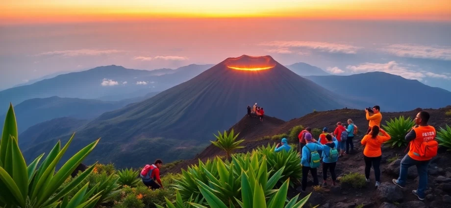 Hikers preparing for a trek on Mount Rinjani at sunrise with lush greenery and mountain in the background.