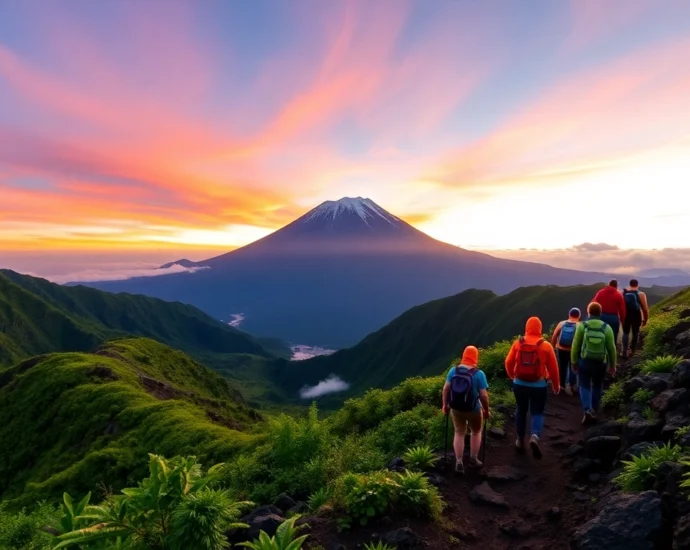 Hikers ascending Mount Rinjani at sunrise with scenic mountain views and lush greenery.