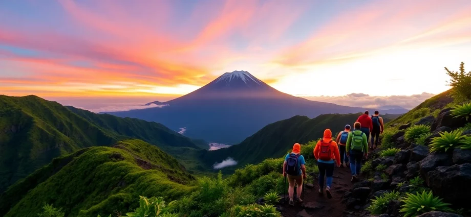 Hikers ascending Mount Rinjani at sunrise with scenic mountain views and lush greenery.