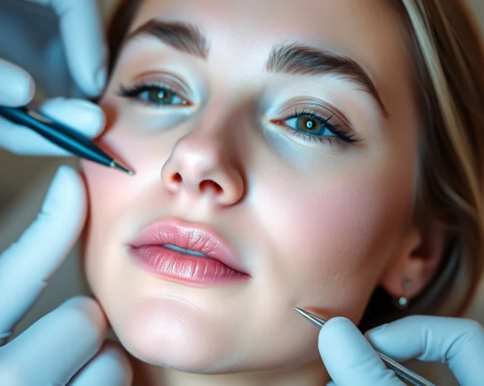 Fadenlifting Zürich: Woman receiving gentle facial skin tightening with absorbable threads in Zurich clinic, natural and professional setting.