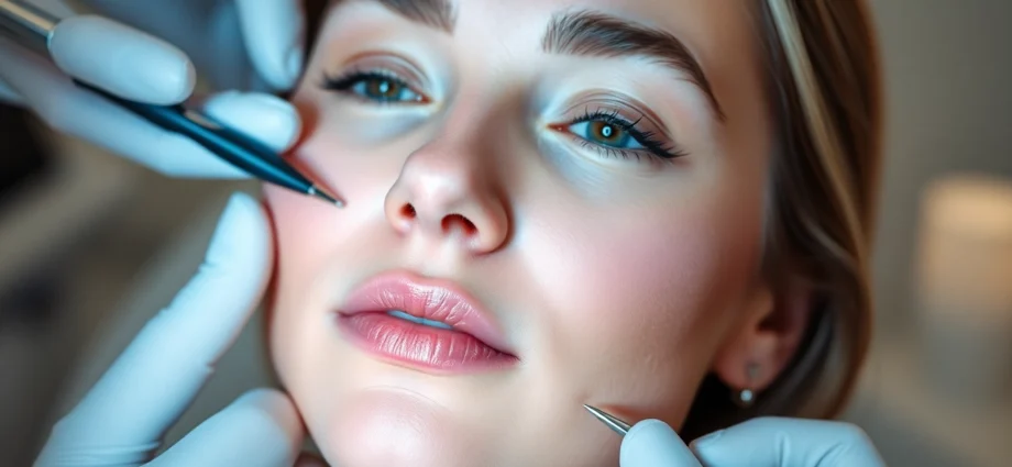 Fadenlifting Zürich: Woman receiving gentle facial skin tightening with absorbable threads in Zurich clinic, natural and professional setting.