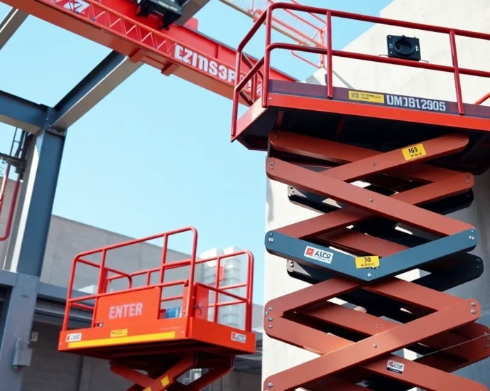 Scissor lift rental service showcasing a worker operating a clean, electric scissor lift on-site for safe height access in a construction environment.
