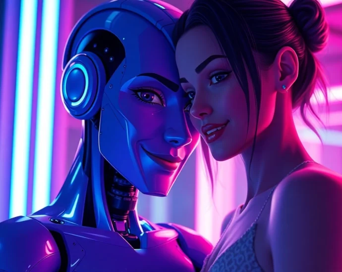 Futuristic AI character with cybernetic enhancements in an intimate, neon-lit environment.