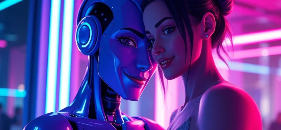 Futuristic AI character with cybernetic enhancements in an intimate, neon-lit environment.