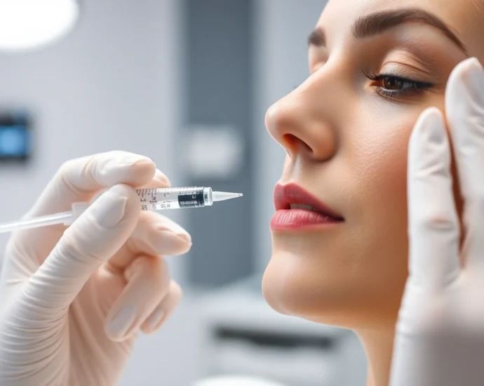 Fettwegspritze Zürich: Medical professional performing targeted Fettwegspritze treatment on a patient's facial profile in Zurich clinic for fat reduction.