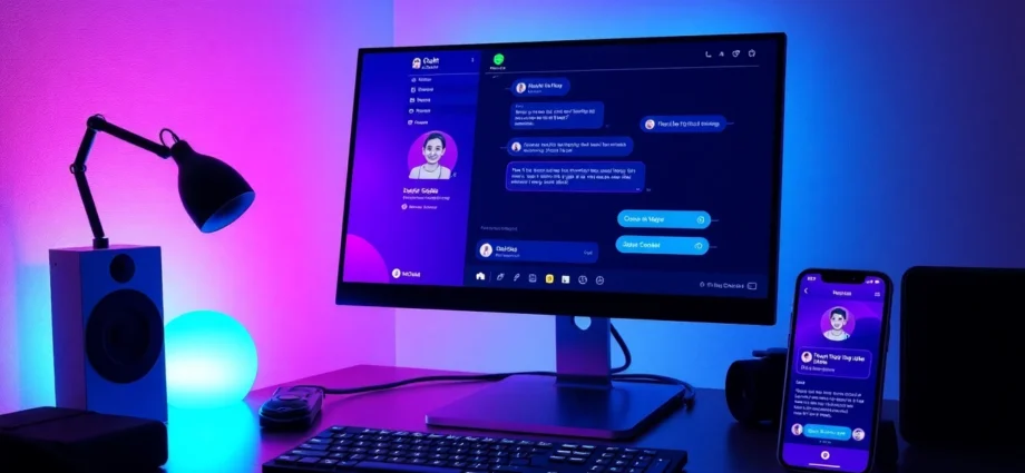 A modern computer setup showing an AI chat interface on the screen with ambient lighting.