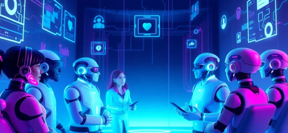 Illustration of diverse AI characters interacting in a vibrant, futuristic digital environment with neon lighting and holographic interfaces.