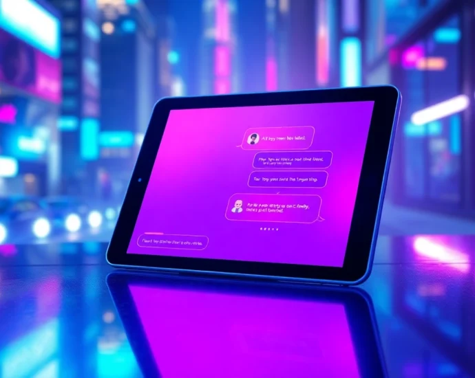 Futuristic chatbot interface on a tablet with vibrant neon colors and urban nightlife background