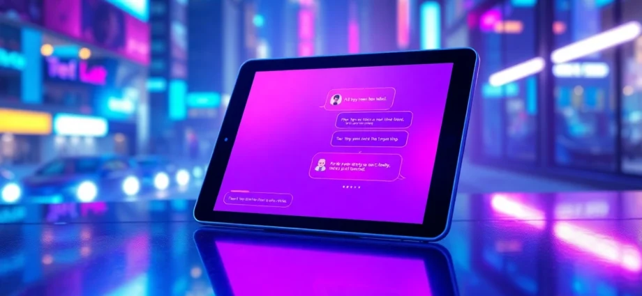 Futuristic chatbot interface on a tablet with vibrant neon colors and urban nightlife background