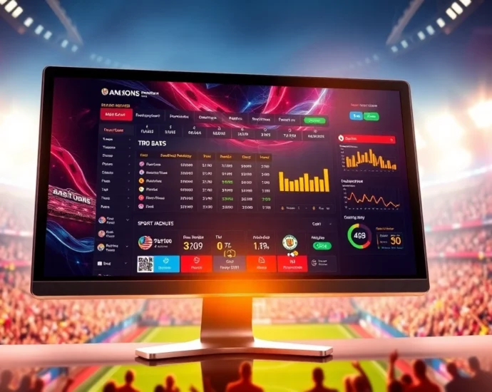 An online sports betting platform interface displayed on a computer screen with a lively stadium background, emphasizing excitement and modern technology.