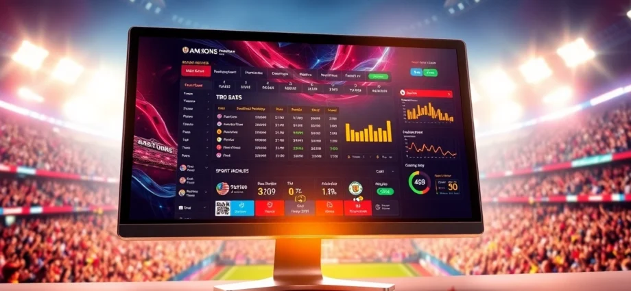 An online sports betting platform interface displayed on a computer screen with a lively stadium background, emphasizing excitement and modern technology.