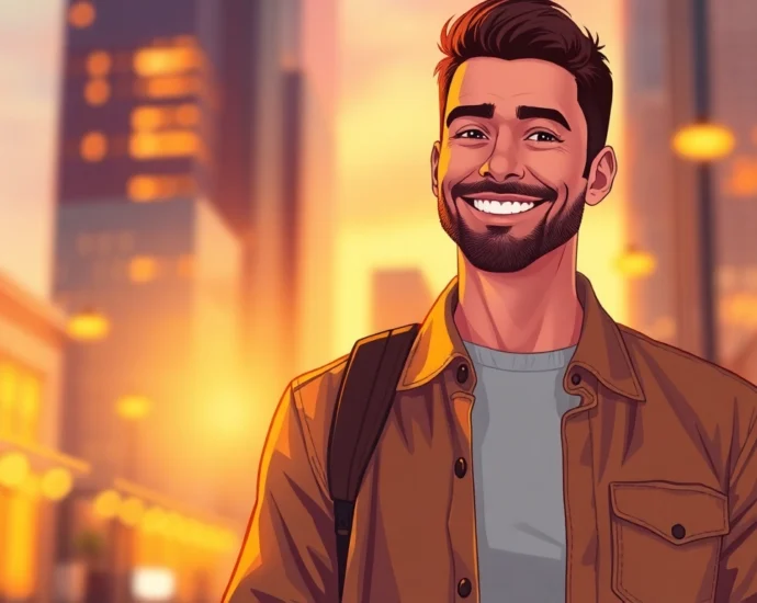 A confident man smiling in an urban sunset scene, with city lights in the background.