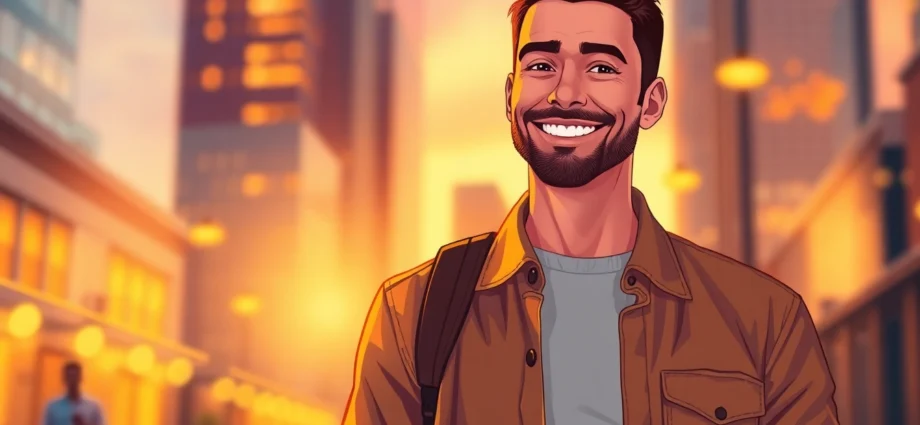 A confident man smiling in an urban sunset scene, with city lights in the background.