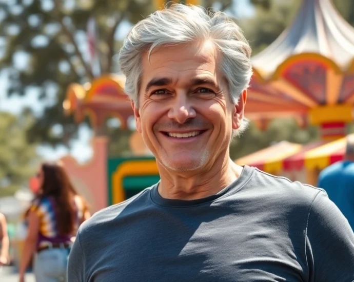 An attractive older man smiling confidently outdoors, with a lively family park background.