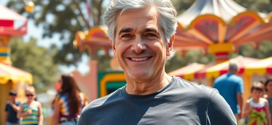 An attractive older man smiling confidently outdoors, with a lively family park background.