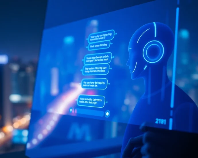An illustration of a user chatting with an AI character on a futuristic digital device with neon lighting and a cityscape background.