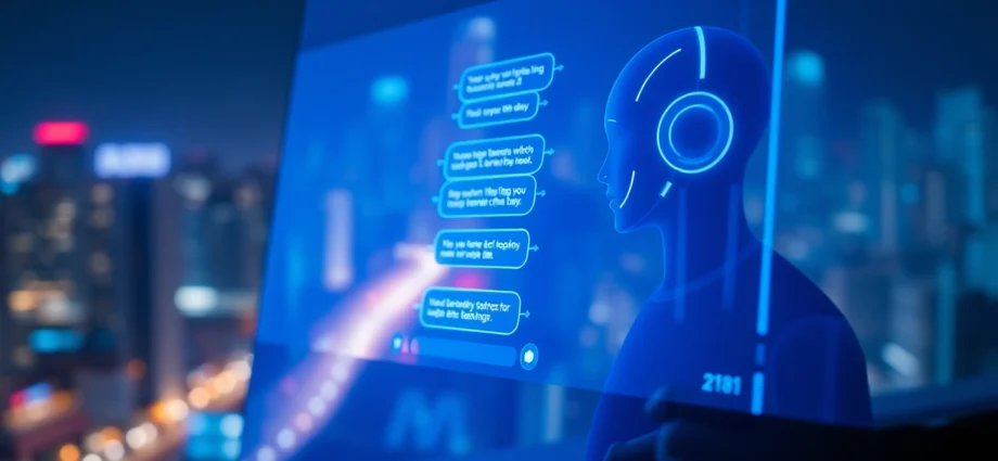 An illustration of a user chatting with an AI character on a futuristic digital device with neon lighting and a cityscape background.