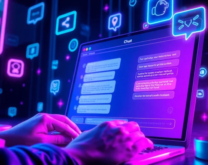 A futuristic digital interface showing a user engaging with an AI chat platform on a sleek screen with neon lights.