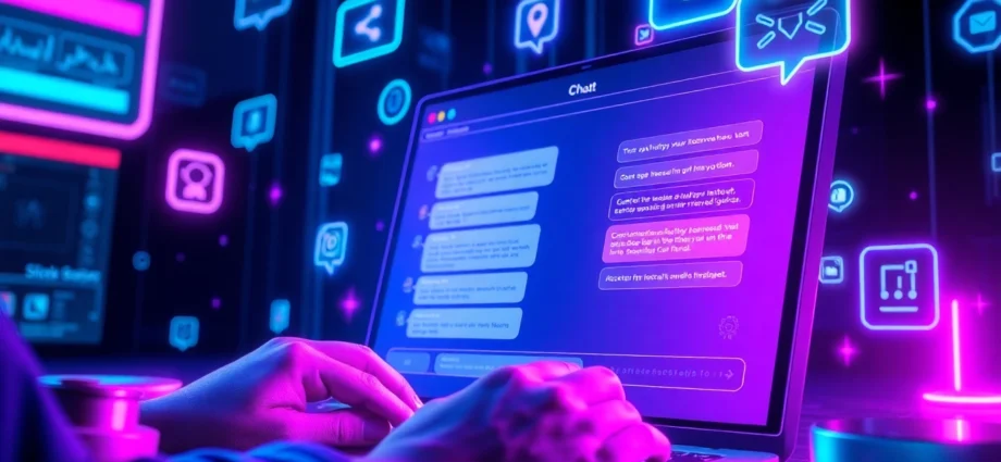 A futuristic digital interface showing a user engaging with an AI chat platform on a sleek screen with neon lights.