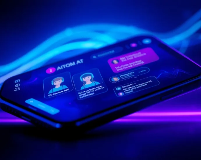Futuristic digital chat interface with customizable AI characters on a sleek device screen, glowing neon accents, and a high-tech background.