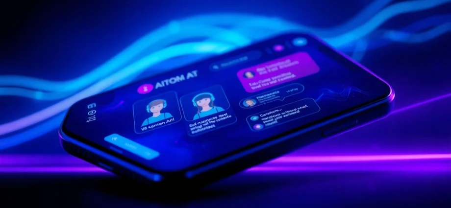 Futuristic digital chat interface with customizable AI characters on a sleek device screen, glowing neon accents, and a high-tech background.