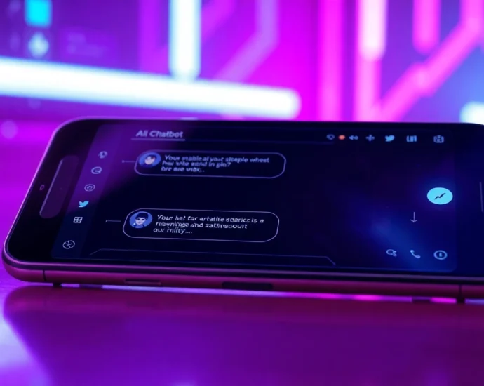 Futuristic AI chatbot interface on a smartphone with neon lights and suggestive digital elements