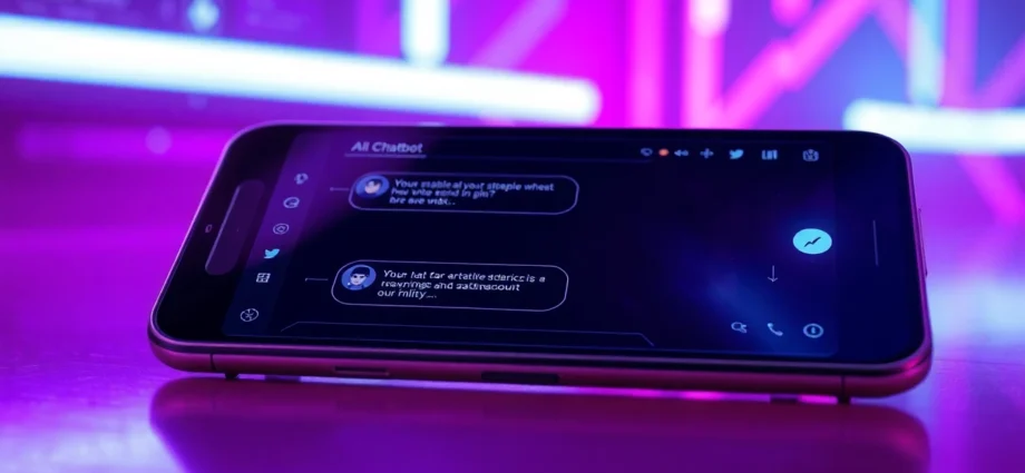 Futuristic AI chatbot interface on a smartphone with neon lights and suggestive digital elements