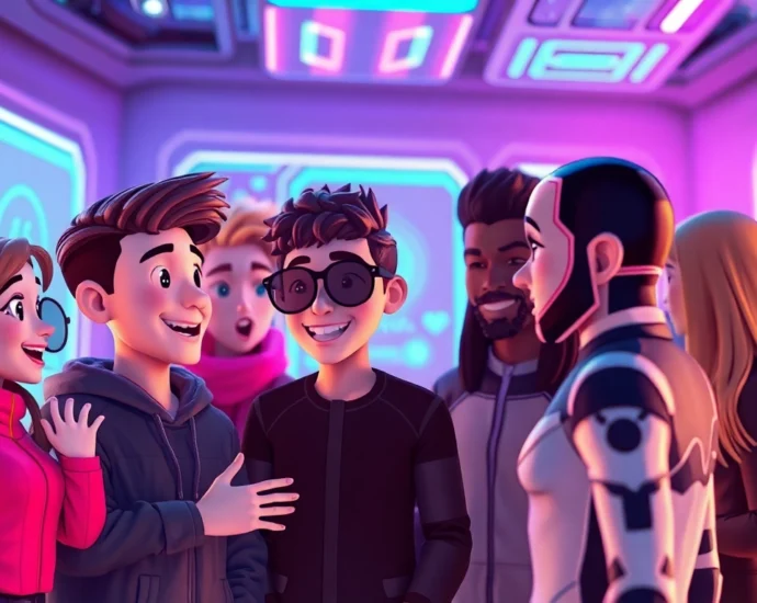 Futuristic digital scene of diverse AI characters engaging in lively chat in a neon-lit virtual environment.