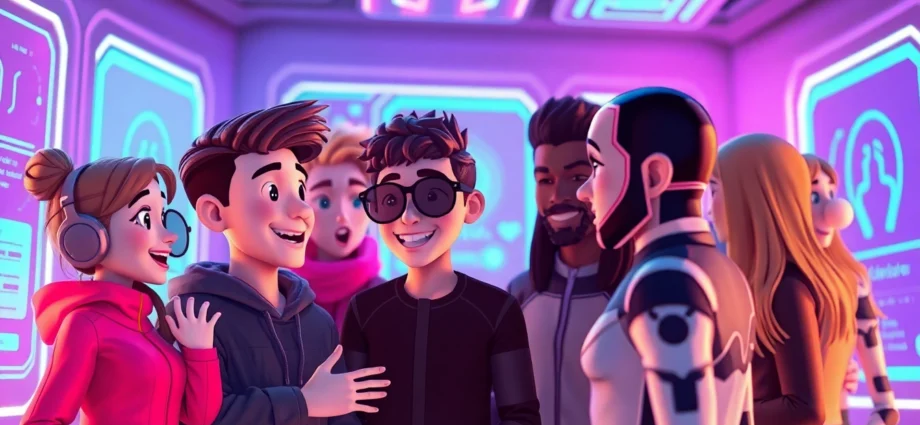 Futuristic digital scene of diverse AI characters engaging in lively chat in a neon-lit virtual environment.