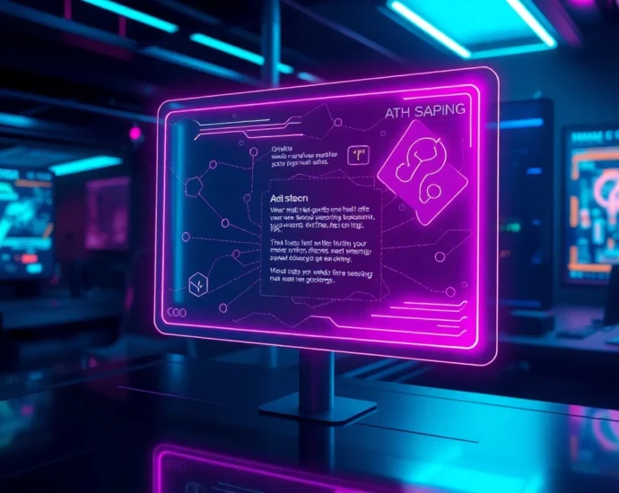 Futuristic AI interface with holographic chatbot in a high-tech control room