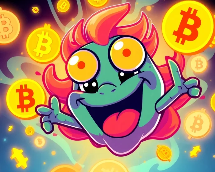 Pepe Coin Meme as a colorful digital cartoon with crypto symbols, emphasizing meme culture and