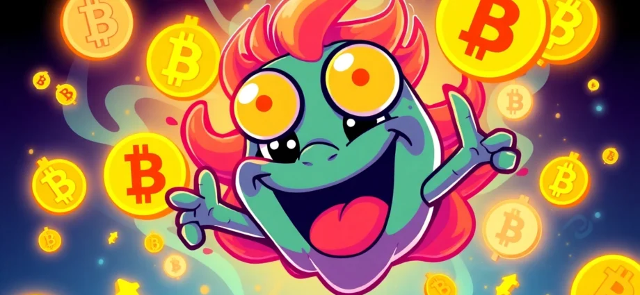Pepe Coin Meme as a colorful digital cartoon with crypto symbols, emphasizing meme culture and
