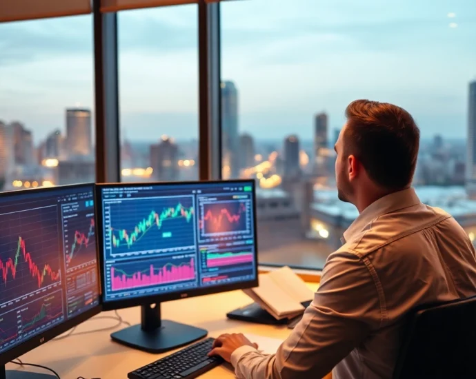 Stocks and Shares News highlights with a financial analyst analyzing market data on screens in