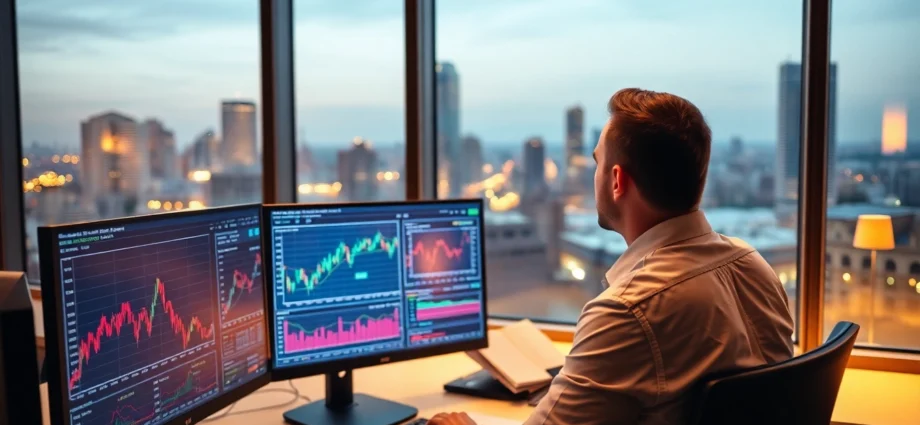 Stocks and Shares News highlights with a financial analyst analyzing market data on screens in
