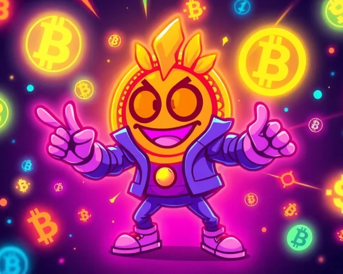 The Pepe Coin Meme stands out in a vivid blockchain scene with vibrant neon lights and