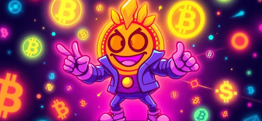 The Pepe Coin Meme stands out in a vivid blockchain scene with vibrant neon lights and